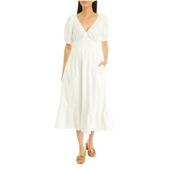 NWT Vineyard Vines White Poplin V-Neck Midi Dress - Picture 1 of 6